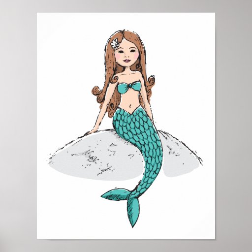 Beautiful mermaid sitting on a rock poster print