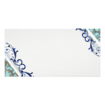 Beautiful navy blue swirls and aqua damask photo cards