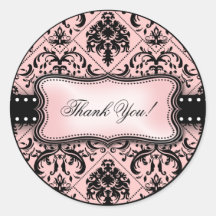 Beautiful Pink and Black Damask Thank You Stickers