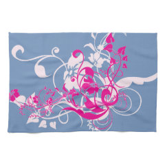 Beautiful Pink Floral Swirls on Blue Gifts for Her Towels