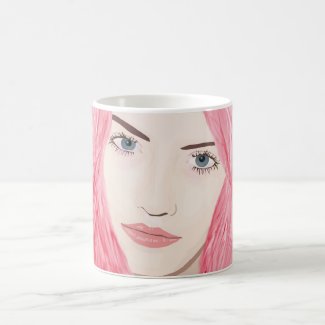 Beautiful Pink Haired Girl, Vector Art Portrait Mugs