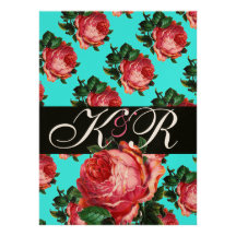 BEAUTIFUL PINK ROSE AQUA BLUE TEAL FLORAL MONOGRAM PERSONALIZED INVITE