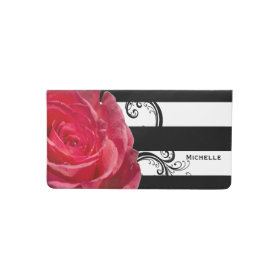 Beautiful Pink Rose on Black & White Stripes Checkbook Cover