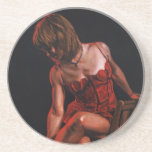 Beautiful Pinup Girl in Red Corset Under Red Light Coaster
