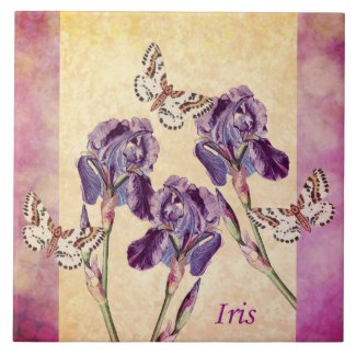 Beautiful Purple Iris Flowers and Butterfly Large Square Tile