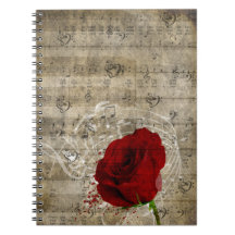 Beautiful red rose music notes swirl faded piano notebooks