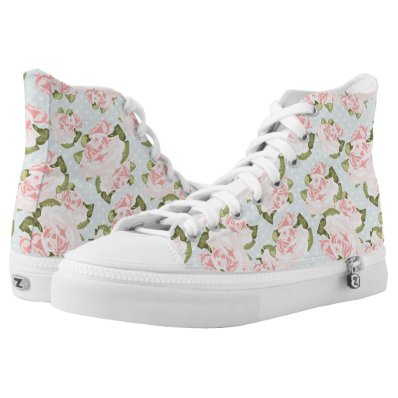 Beautiful rose pattern with blue polka dots printed shoes