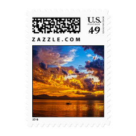 Beautiful Sunset over Lake with Boat Postage Stamps
