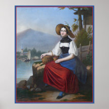 Beautiful Swiss Peasant Girl in Antique Landscape Posters
