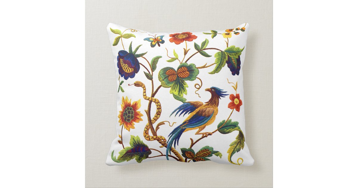 Beautiful Traditional Jacobean Crewel Embroidery Throw Pillow Zazzle