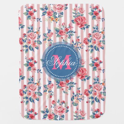 Beautiful vintage monogram roses floral stripes receiving blankets