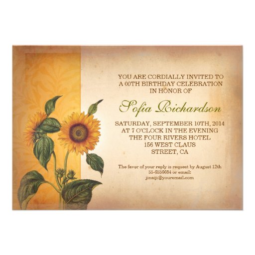 beautiful vintage sunflowers birthday invitations