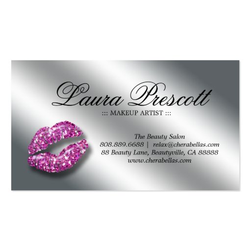 Beauty Business Card Pink Sparkle Lips Purple Text (back side)