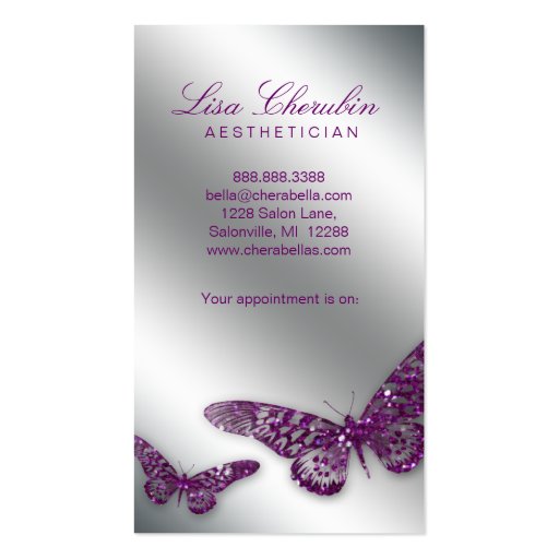 Beauty Business Card Salon Butterfly Purple Silver (back side)