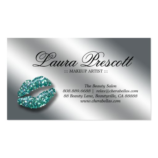Beauty Business Card Teal Sparkle Lips Silver Text (back side)