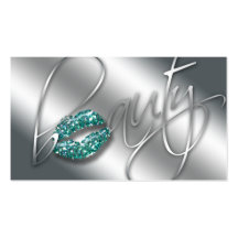 Beauty Business Card Teal Sparkle Lips Silver Text