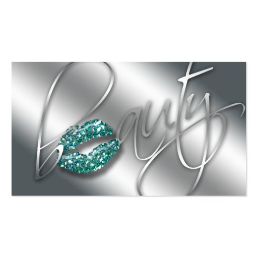 Beauty Business Card Teal Sparkle Lips Silver Text (front side)