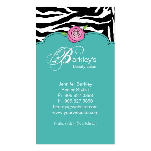Beauty Business Card Zebra Rose Salon Pink Blue (back side)