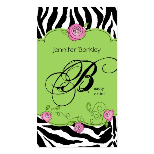 Beauty Business Card Zebra Rose Salon Pink Green (front side)