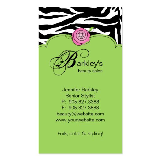 Beauty Business Card Zebra Rose Salon Pink Green (back side)