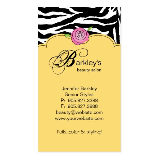 Beauty Business Card Zebra Rose Salon Pink Yellow (back side)