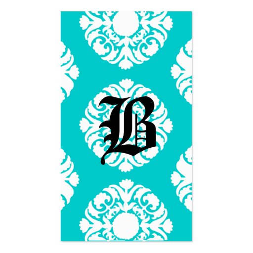 Beauty Business Cards Damask Monogram Blue White (front side)