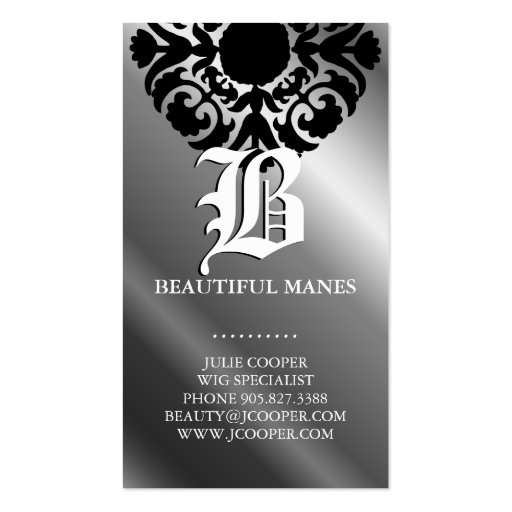 Beauty Business Cards Damask Monogram Silver Black (back side)