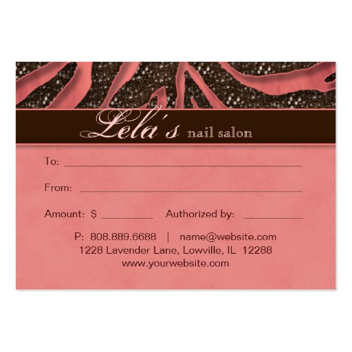 Beauty Gift Cards Certificates Glitter Zebra Coral Business Cards (back side)