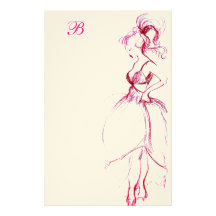 BEAUTY IN PINK DRESS MONOGRAM CUSTOMIZED STATIONERY