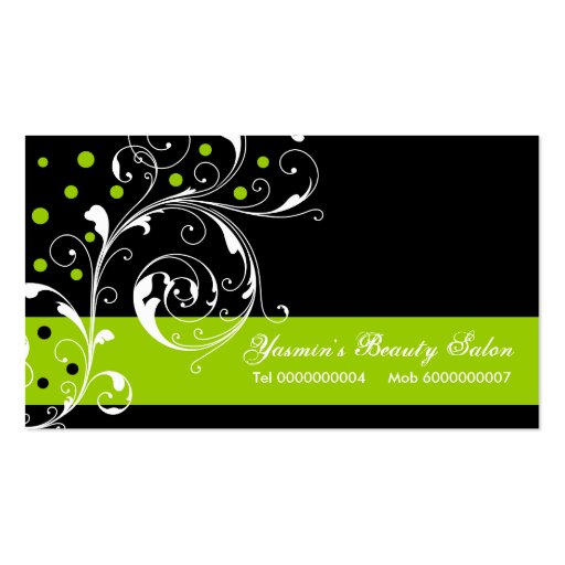 Beauty Salon floral scroll leaf black, lime green Business Card