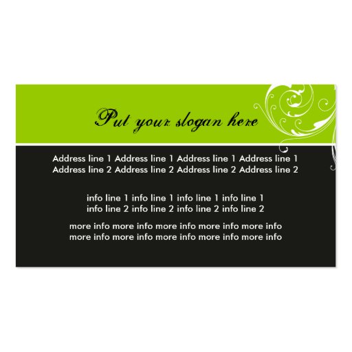 Beauty Salon floral scroll leaf black, lime green Business Card Template (back side)
