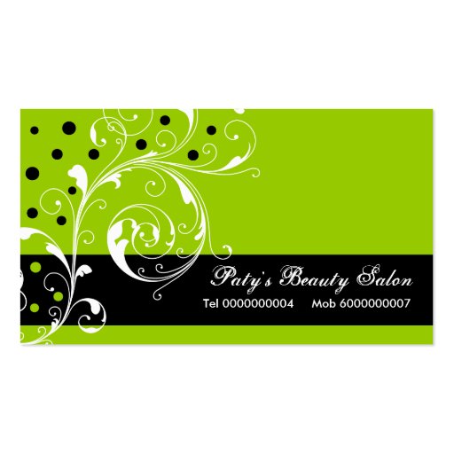 Beauty Salon floral scroll leaf black, lime green Business Card Template (front side)