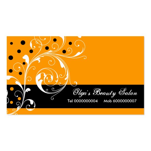 Beauty Salon floral scroll leaf black, orange Business Cards (front side)