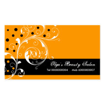 Beauty Salon floral scroll leaf black, orange Business Cards