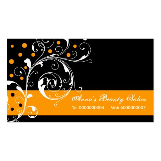 Beauty Salon floral scroll leaf black orange Business Card Templates (front side)