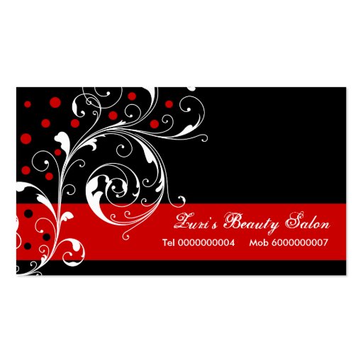 Beauty Salon floral scroll leaf black, red Business Cards (front side)