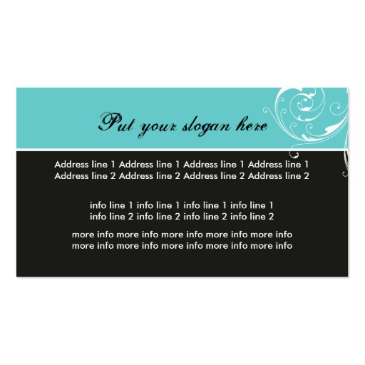 Beauty Salon floral scroll leaf black, turquoise Business Card Template (back side)