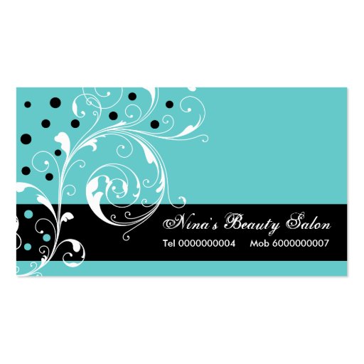 Beauty Salon floral scroll leaf black, turquoise Business Card Template