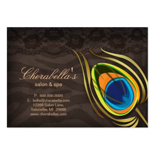 Beauty Salon Gift Card Peacock Feather Brown Suede Business Card (front side)
