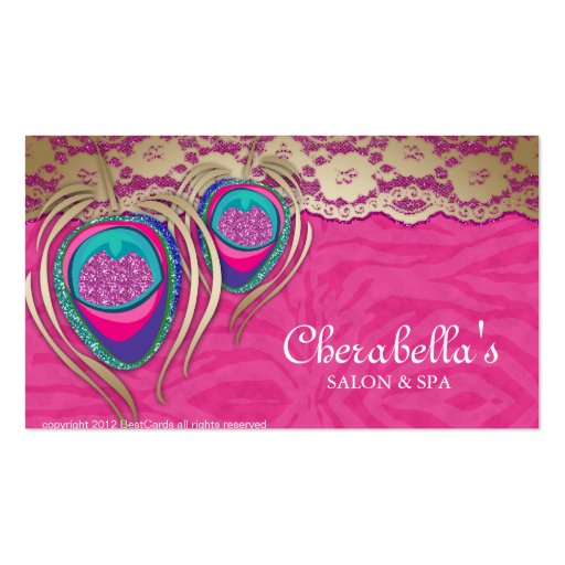 Beauty Salon Peacock Feather Pink Zebra Lace 2 Business Cards (front side)