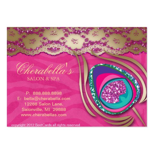 Beauty Salon Peacock Feather Pink Zebra Lace Business Cards (front side)