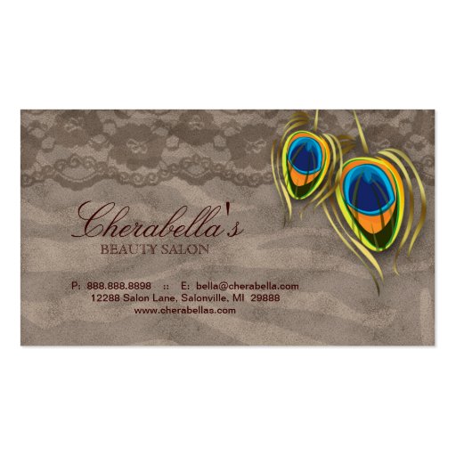 Beauty Salon Vintage Peacock Feather Brown Suede Business Card (front side)