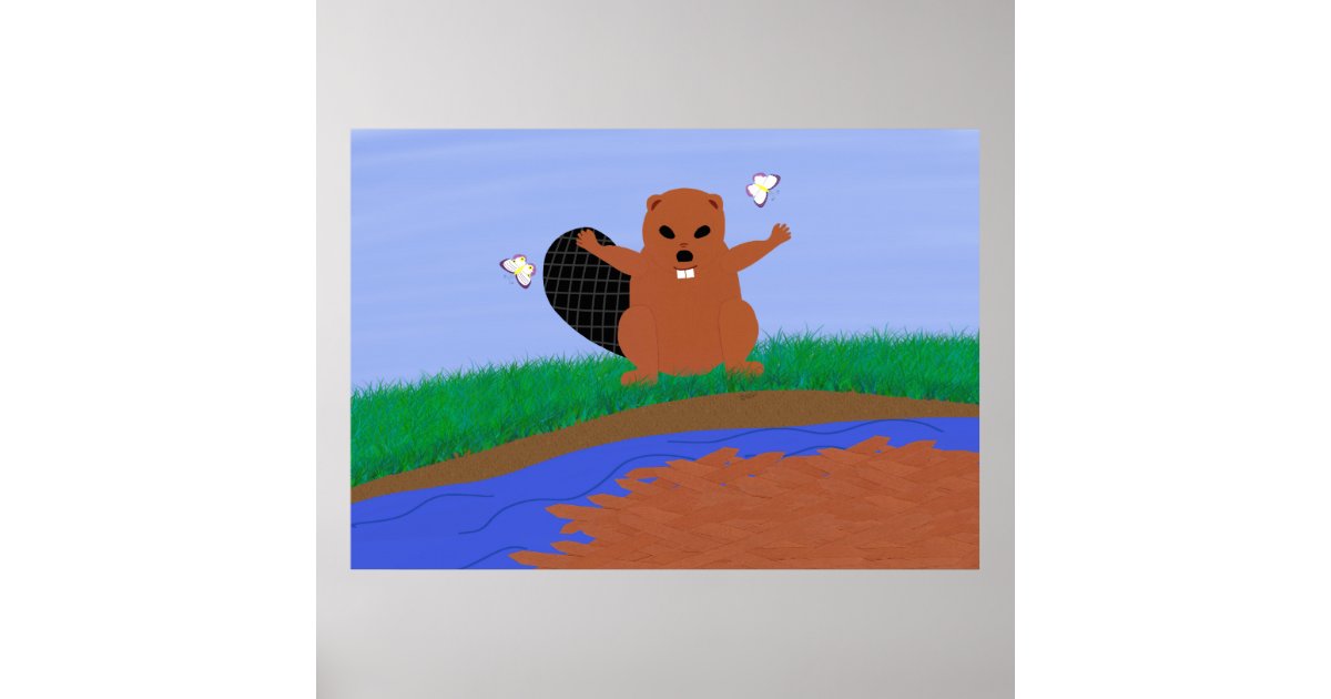 Beaver Building Dam Cartoon Art Poster | Zazzle