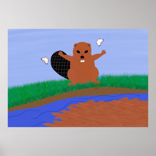 Beaver Building Dam Cartoon Art Posters | Zazzle