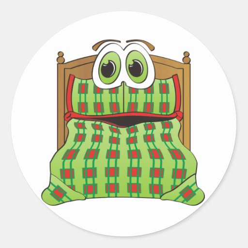 Bed Cartoon Green and Red Classic Round Sticker | Zazzle