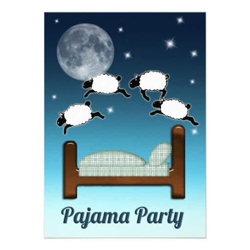 Bed, Sky, and Counting Sheep at Night PJ Party Personalized Invites (front side)