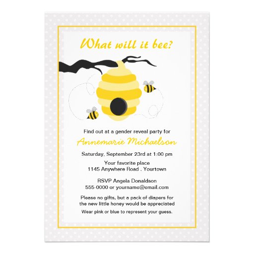Bee and Beehive Gender Reveal Baby Shower Personalized Invitation (front side)