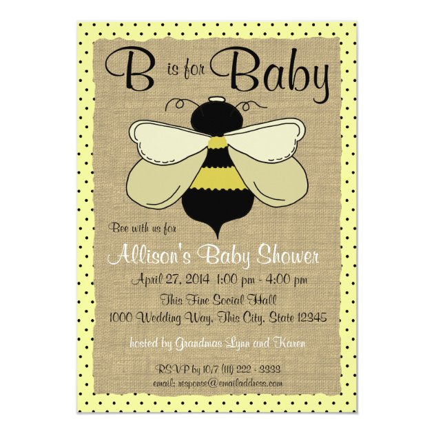 Bee and Burlap Baby Shower Card (front side)