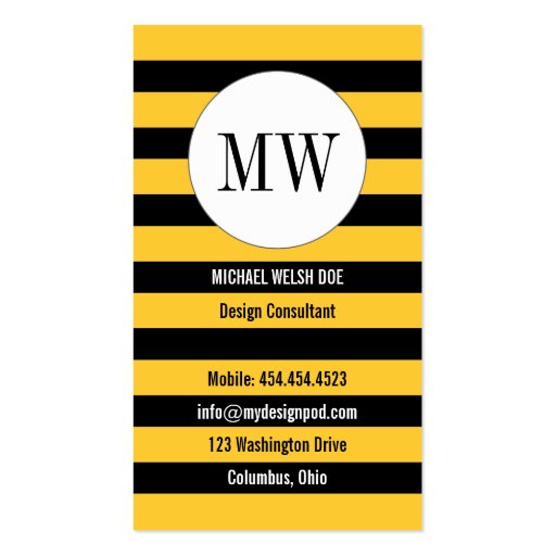 Bee Stripes Yellow and Black with Monogram Business Card
