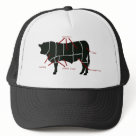 zaz_trucker_hat - This is how a butchering chart diagram should look, if you ask us! Forget sirloin, chuck, brisket or flank - try tasty, yummy, delicious, scrumptious and mmmm! Good instead! Simple silhouette image of a black angus steer, with divider lines and labels for the butcher, chef, bbq king, or bigtime beef eater!